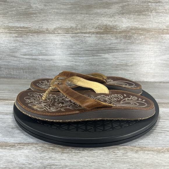 Olukai Women's Paniolo Brown Leather Thong Flip Flop Sandals Size 8 - Picture 1 of 8
